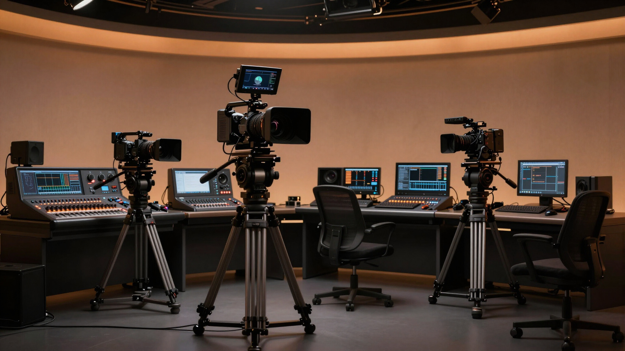 Professional live production control room with cameras and broadcast consoles