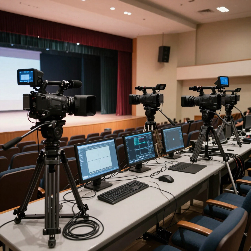 Live streaming setup with cameras and control monitors